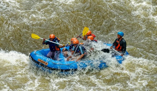 Adventurous group rafting through rapids in Cikidang, West Java, Indonesia.